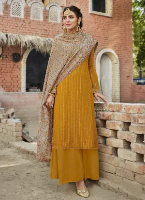 Yellow And Beige Embroidered Palazzo Suit