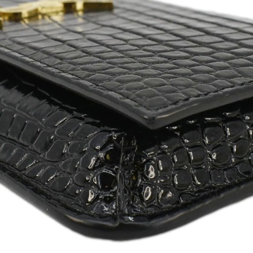 YVES SAINT LAURENT Monogram Sunset Crocodile Embossed Leather Shoulder Bag Black