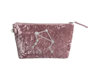 Zodiac Pink Crushed Velvet Large Makeup Bag - Libra